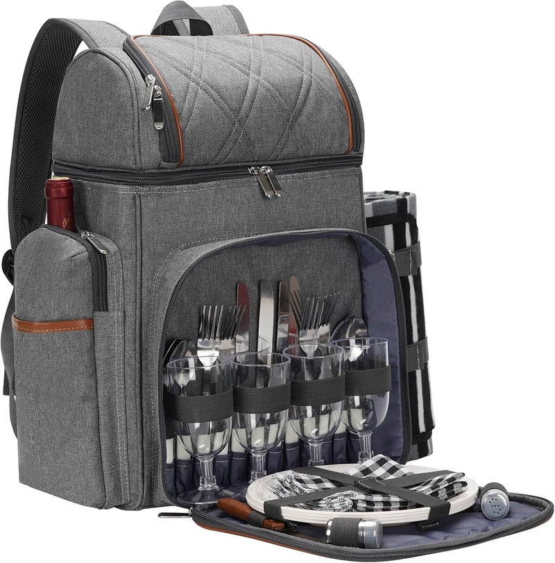 TwentyNext Picnic Backpack for 4, Picnic Basket Set, Leakproof Picnic Bag, Beach Cooler Backpack with Insulated Cooler Wine Pouch,Picnic Blanket, Double Deck Picnic Backpack for Beach,Camping,Park(Grey) - Image 1